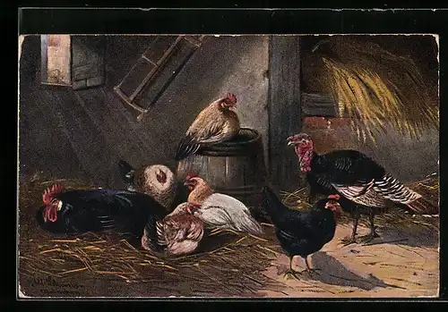 Künstler-AK Alfred Schönian: Hühner und Truthahn im Stall
