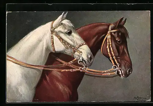 Künstler-AK Pferde in ihrem Geschirr