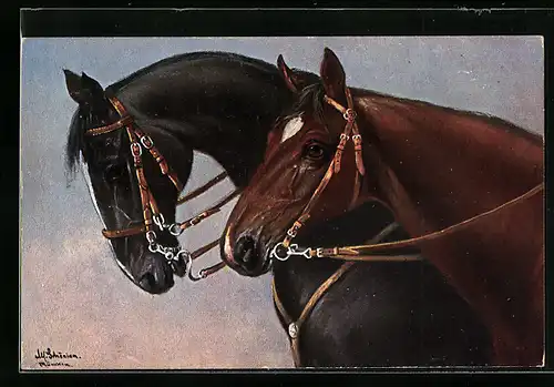 Künstler-AK Alfred Schönian: Zwei Pferde mit Zaumzeug