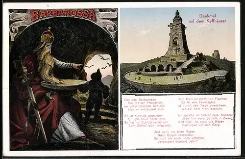 AK Kyffhäuser, Denkmal auf dem Kyffhäuser, Barbarossa mit Krone und Schwert, Gedicht