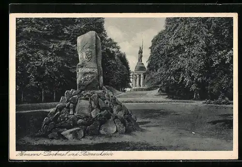 AK Detmold, Hermann-Denkmal und Bismarckstein