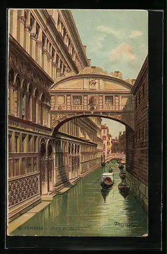 Künstler-Lithographie Venezia / Venedig, Ponte dei Sospiri, Seufzerbrücke