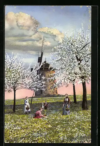Künstler-AK Stengel & Co. Nr. 49464: Feldarbeiterinnen vor einer Windmühle