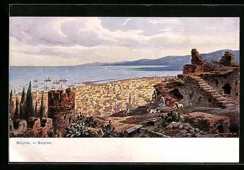 Künstler-AK Smyrna, Totalansicht aus der Vogelschau