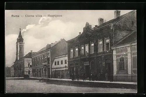 AK Ruma, Hauptgasse mit Mehlhandlung und Kirche