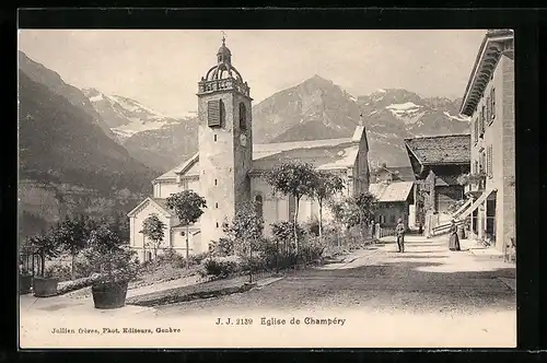 AK Champery, Ortsansicht mit sagenhafter Gebirgskulisse