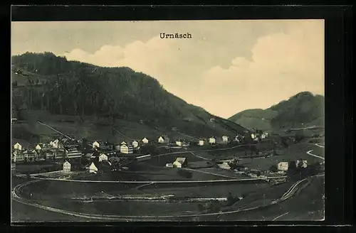 AK Urnäsch, Ortsansicht mit Bergen aus der Vogelschau