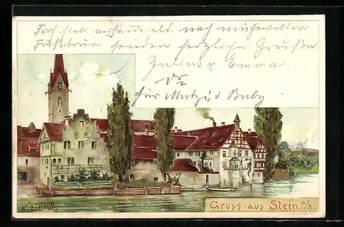 Lithographie Stein am Rhein, Teilansicht mit Kirche