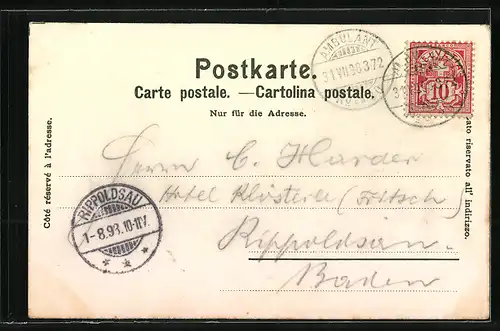 Lithographie Stein am Rhein, Teilansicht mit Kirche