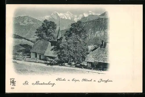 AK St. Beatenberg, Kirche, Eiger, Mönch und Jungfrau