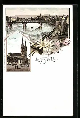 Lithographie Basel, Cathedrale, Promenade an der Brücke