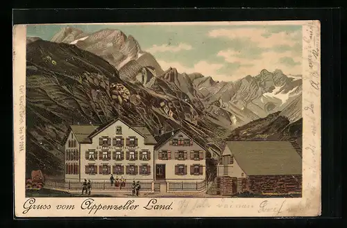 Lithographie Meglisalp, Gasthaus Meglisalp gegen das Gebirge