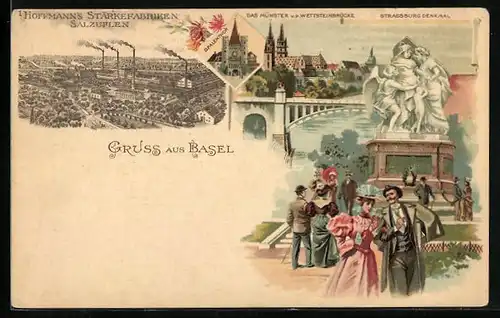 Lithographie Basel, Strassburg Denkmal, Münster v. d. Wettsteinbrücke & Hoffmann`s Stärkefabriken Salzuflen
