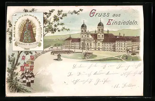 Lithographie Einsiedeln, Kloster mit Prozession, Gnadenbild