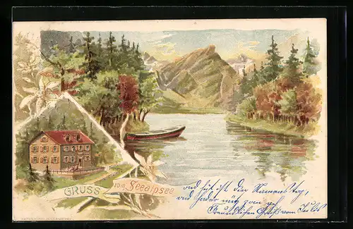 Lithographie Appenzell, Seealpsee mit Hütte