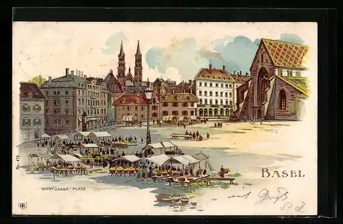 Lithographie Basel, Barfüsser-Platz mit Markt