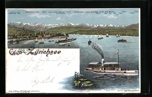 Lithographie Dampfer Helvetia auf dem Zürichsee und Alpenpanorama