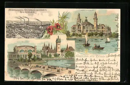 Lithographie Zürich, Hoffmann`s Stärkefabriken Salzuflen, Bahnhof, Neue Tonhalle