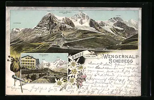 Lithographie Wengernalp Scheidegg, Hotel gegen Eiger und Mönch