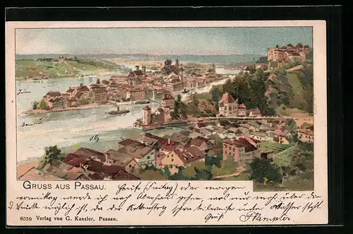 Lithographie Passau, Gesamtansicht mit Fluss