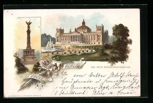 Lithographie Berlin-Tiergarten, Siegessäule und Schloss, mit Wappen