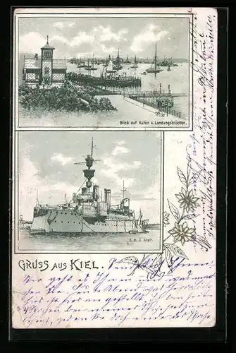 AK Kiel, SMS Aegir, Küstenpanzerschiff der Kaiserl. Marine, Hafen u. Landungsbrücken