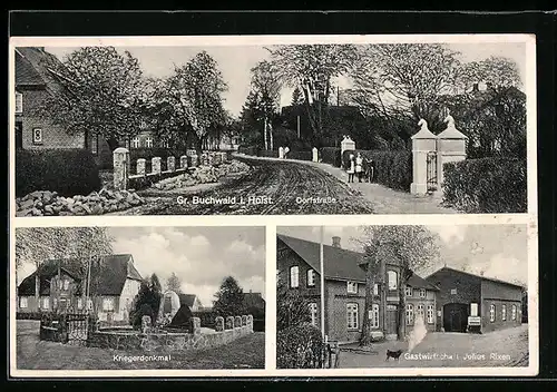 AK Gr. Buchwald i. Holst., Blick auf Gastwirtschaft Julius Rixen und Kriegerdenkmal