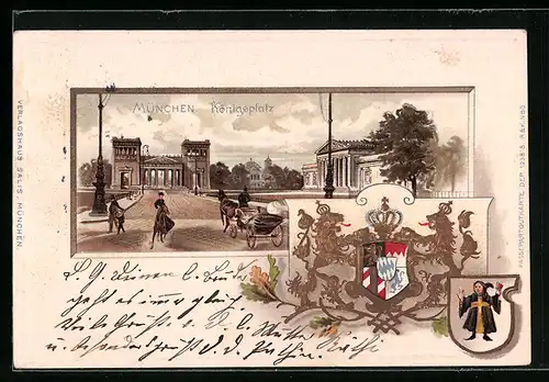 Passepartout-Lithographie München, Königsplatz, Wappen und Münchner Kindl