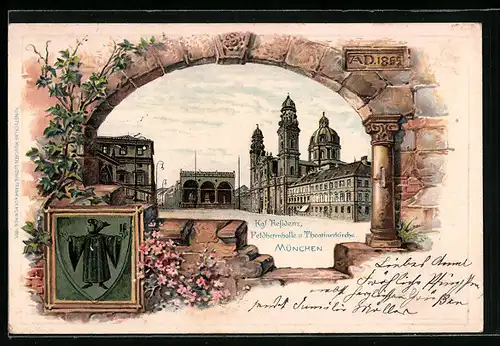 Passepartout-Lithographie München, Kgl. Residenz, Feldherrnhalle und Theatinerkirche, Wappen