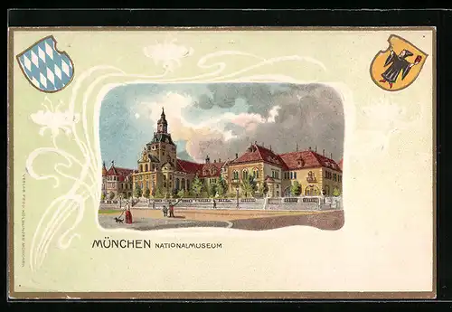 Passepartout-Lithographie München, Nationalmuseum, Wappen mit Münchner Kindl