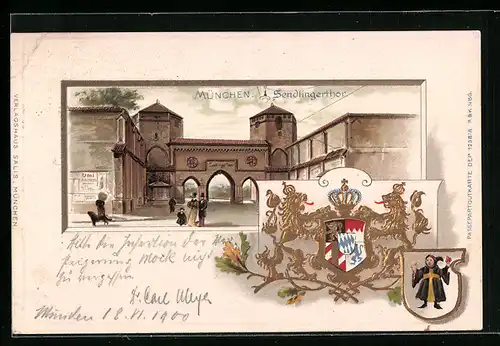 Passepartout-Lithographie München, Blick zum Sendlingerthor, Wappen