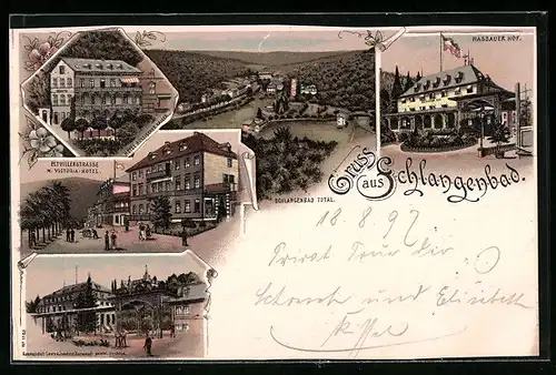 Lithographie Schlangenbad, Am Nassauer Hof, Eltvillerstrasse m. Victoria-Hotel