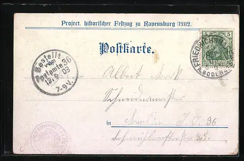 AK Ravensburg, Project. histor. Festzug 1902, No. 6, Carl der Grosse mit Gemahlin Hildegard um 1770