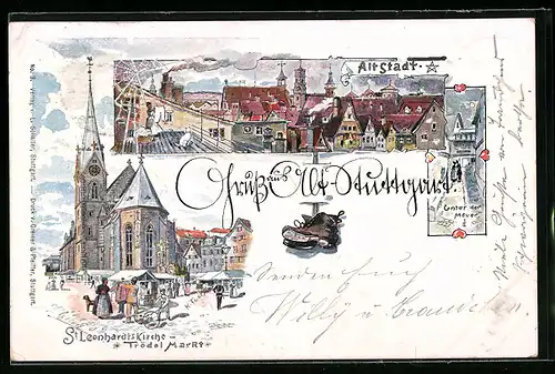 Lithographie Stuttgart, St. Leonhardtskirche mit Trödelmarkt, Unter der Mauer, Altstadt