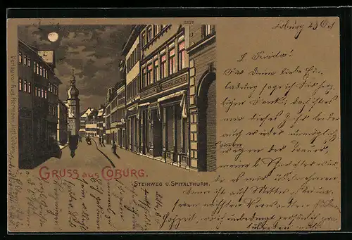 Mondschein-Lithographie Coburg, Blick auf Steinweg u. Spitalthurm