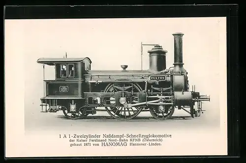 AK 1 A 1-Zweizylinder Nassdampf-Schnellzuglokomotive von HANOMAG, Kaiser Ferdinand Nord-Bahn, österreichische Eisenbahn
