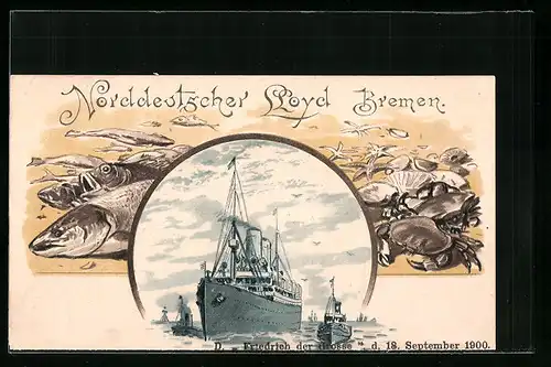 Lithographie Lotsenboote begleiten Passagierschiff Friedrich der Grosse