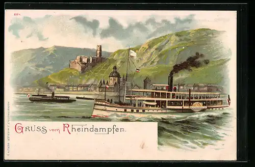 Lithographie Rheindampfer Overstolz in voller Fahrt