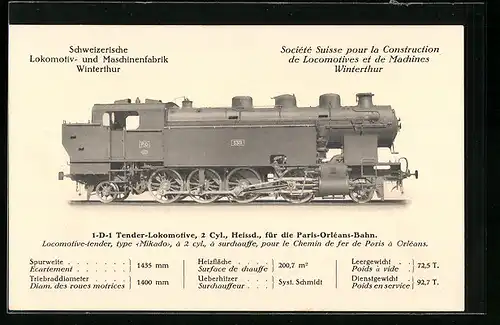 AK Schweizerische Lokomotiv- und Maschinenfabrik Winterthur, 1-D-1 Tender-Lokomotive, 2 Cyl. Heissd., Paris-Orléans-Bahn