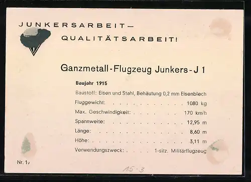 AK Ganzmetall-Flugzeug Junkers-J 1, Baujahr 1915