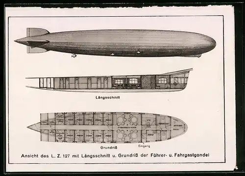 AK Luftschiff LZ 127 Graf Zeppelin Grundriss und Längsschnitt der Führer- und Fahrgastgondel