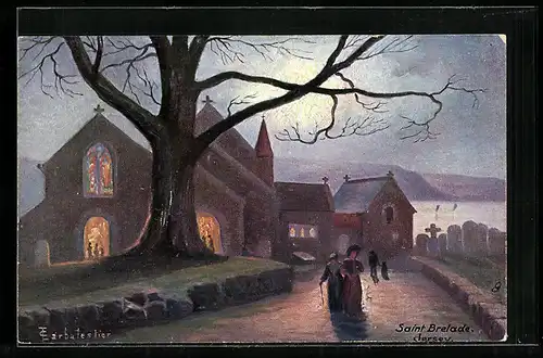 Künstler-AK Saint Brelade, Kirche in der Dämmerung