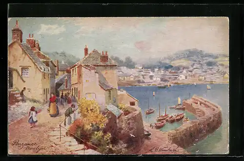 Künstler-AK Raphael Tuck & Sons Nr. 7070: Newlyn, Ortsansicht mit Strasse und Hafen