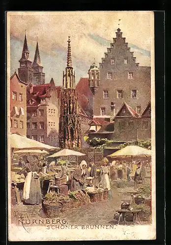 Künstler-AK Nürnberg, Wochenmarkt am Schönen Brunnen