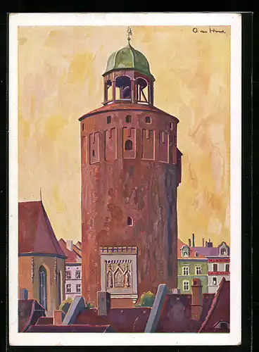 AK Görlitz, Blick über Dächer auf den dicken Turm
