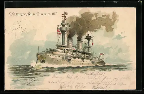 Künstler-AK Johann Georg Siehl-Freystett: Kriegsschiff S. M. S. Kaiser Friedrich III.