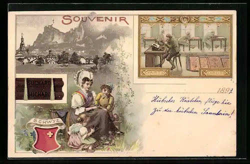 Lithographie Schwyz, Chocolat Suchard, Ortspartie, Mutter mit Kindern