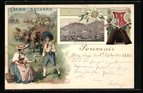 Lithographie Sarnen, Reklame für Cacao Suchard, Ortsansicht, Pärchen, Kühe