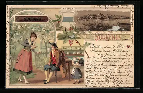 Lithographie Zoug, Ortsansicht und Kakao, Suchard, Lait Condense