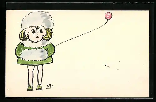 Künstler-AK Handgemalt: Mädchen mit Muff und rosa Luftballon